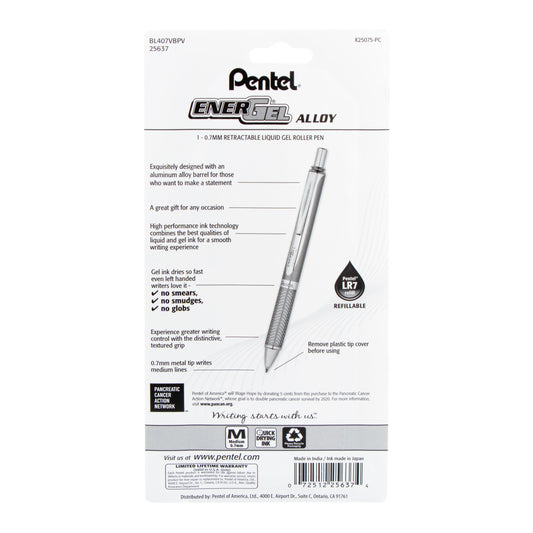 Pentel EnerGel Alloy Retractable Premium Liquid Gel Pen, (0.7mm) Metal Tip, Medium Line, Violet Barrel, Violet Ink, 1-Pk (BL407VBPV)