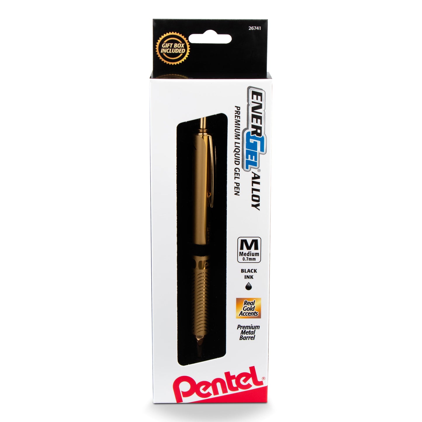 EnerGel Alloy Retractable Premium Liquid Gel Pen, (0.7mm) Metal Tip, Medium Line, Gold Barrel, Black Ink, hanging box (BL407XBPA)