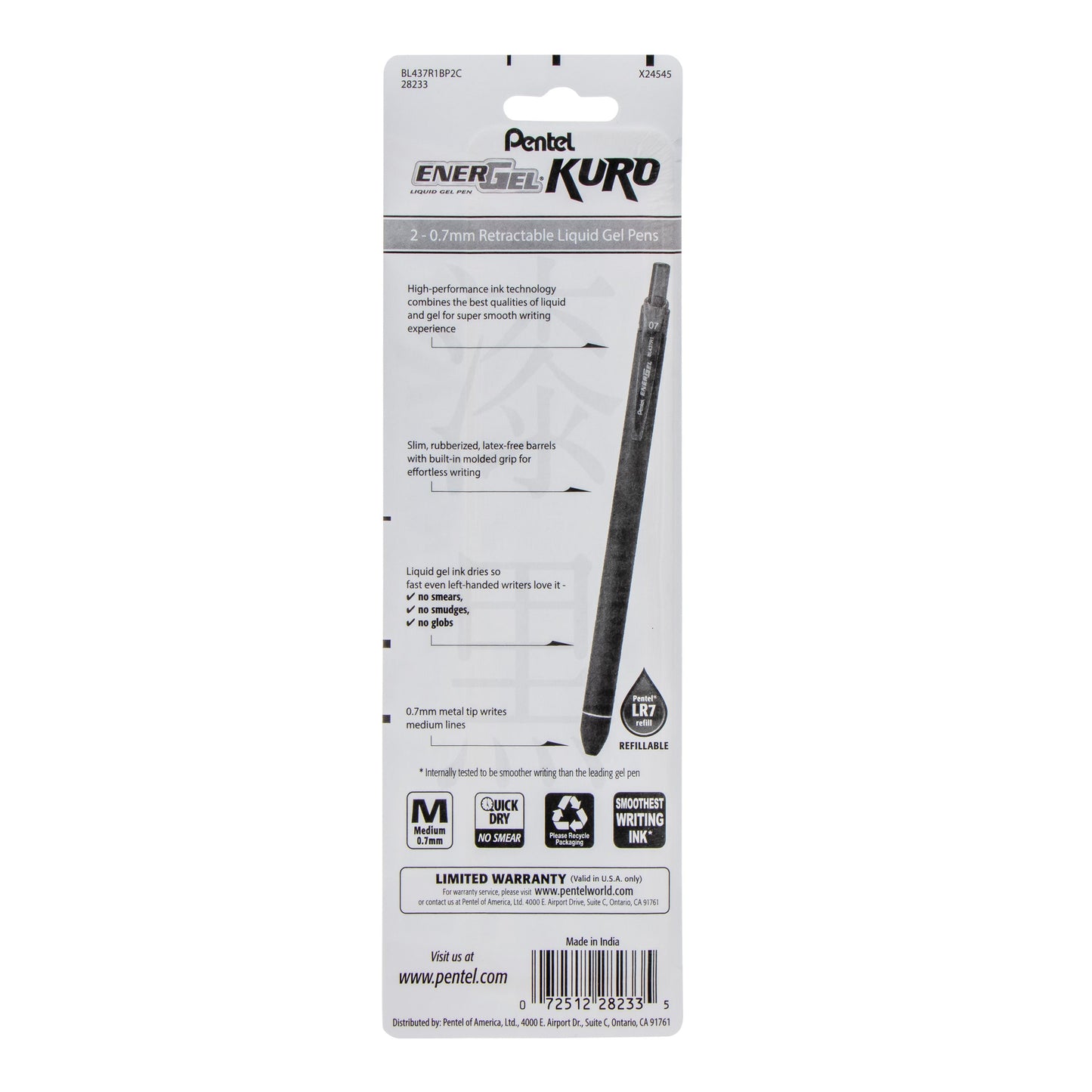 EnerGel Kuro Liquid Gel Pen, (0.7mm) Medium line, Blue Ink, 2-pk (BL437R1BP2C)