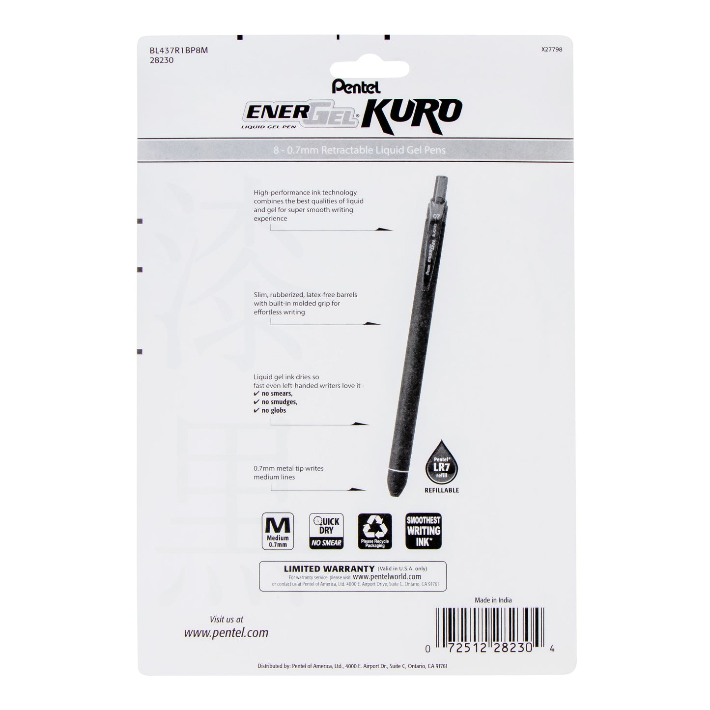 EnerGel Kuro Liquid Gel Pen, (0.7mm) Medium line, Assorted Ink (A,B,C,D,F,P,S,V), 8-pk (BL437R1BP8M)