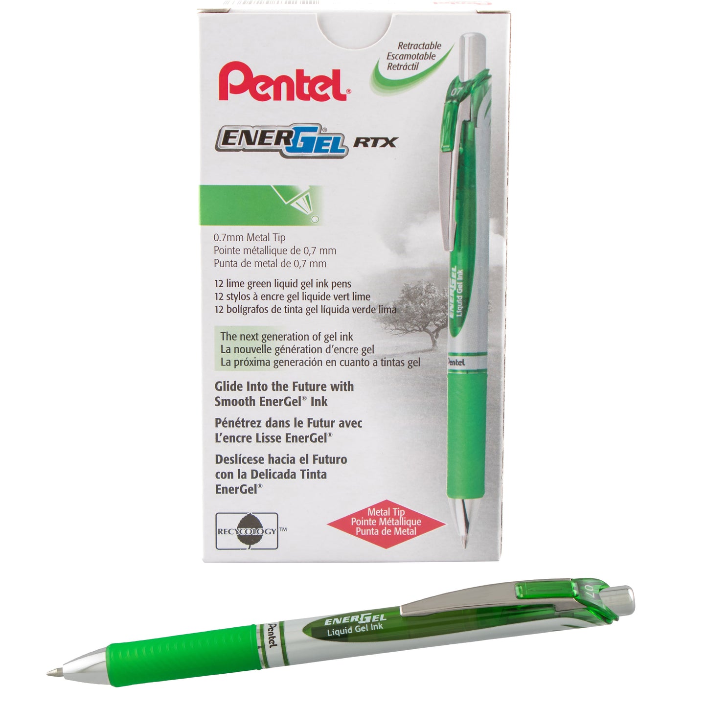 EnerGel RTX Retractable Liquid Gel Pen, (0.7mm) Metal Tip, Medium Line, Lime Green Ink (BL77-K)