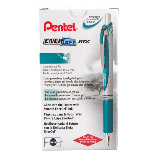 EnerGel RTX Retractable Liquid Gel Pen, (0.7mm) Metal Tip, Medium Line, Turquoise Ink (BL77-S3)