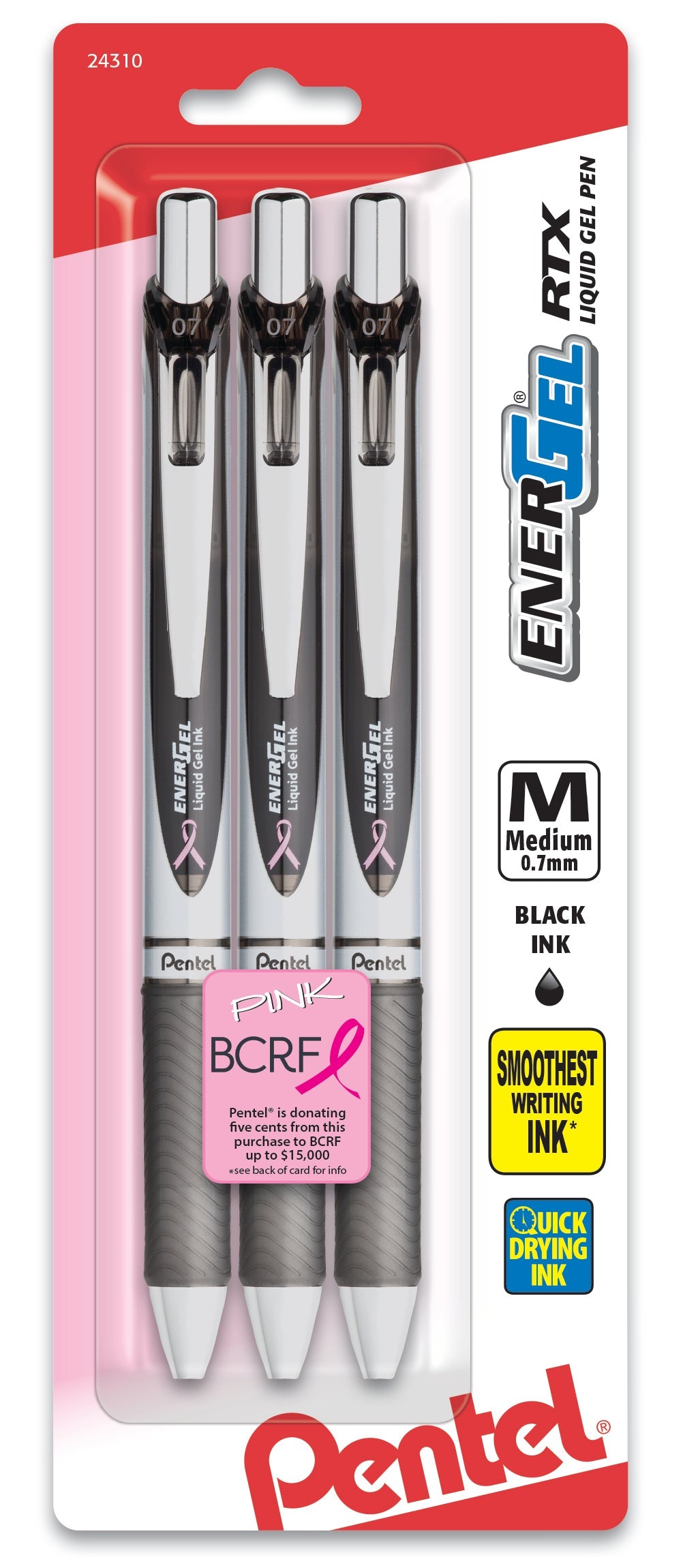 PINK BCA Ribbon EnerGel RTX Retractable Liquid Gel Pen, (0.7mm) Metal Tip, Medium Line, Silver Barrel, Black Ink 3-Pk (BL77ABP3A-BC)