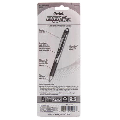 PINK BCA Ribbon EnerGel RTX Retractable Liquid Gel Pen, (0.7mm) Metal Tip, Medium Line, Silver Barrel, Black Ink 3-Pk (BL77ABP3A-BC)
