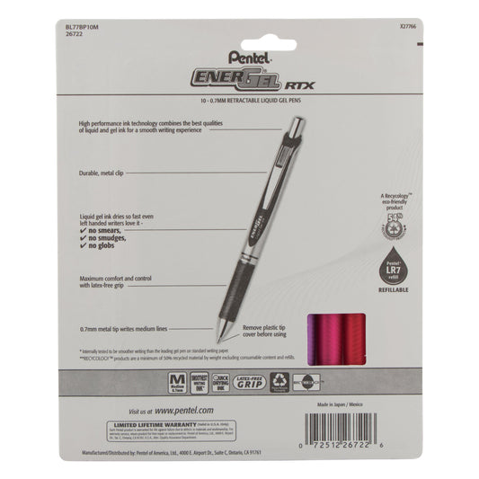 Pentel EnerGel RTX Retractable Liquid Gel Pen, (0.7mm) Medium Line, Metal Tip, Assorted Ink (B/P/F/D/S/CA/E/K/V/S3) 10-Pk (BL77BP10M)