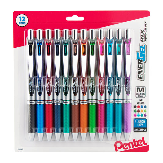 EnerGel RTX Retractable Liquid Gel Pen, (0.7mm) Medium Line, Assorted Ink (A/B/C/CA/D/E/F/K/P/S/S3/V),12-Pk (BL77BP12M)