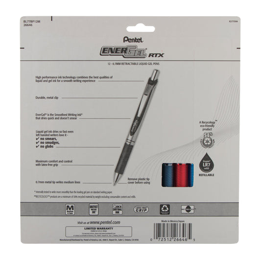 Pentel EnerGel RTX Retractable Liquid Gel Pen, (0.7mm) Medium Line, Assorted Ink (A/B/C/CA/D/E/F/K/P/S/S3/V),12-Pk (BL77BP12M)