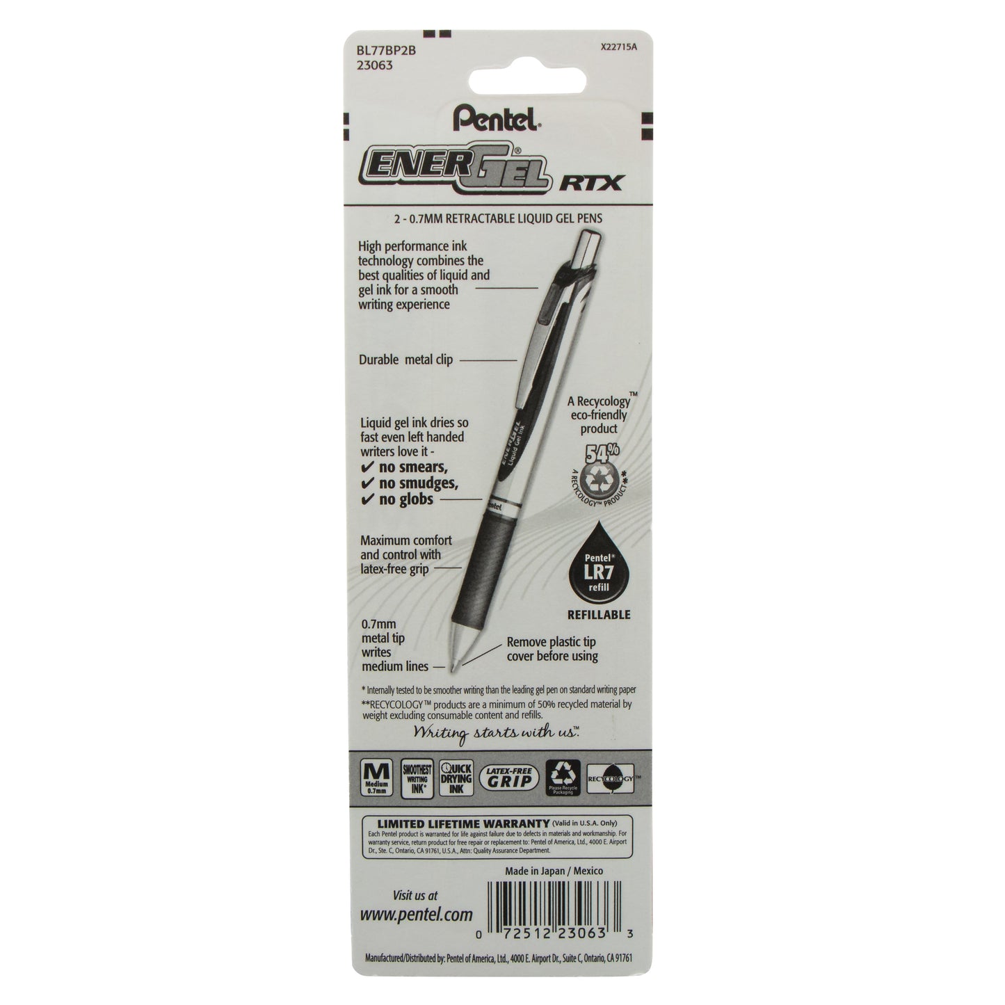 EnerGel RTX Retractable Liquid Gel Pen, (0.7mm) Metal Tip, Medium Line, Red Ink 2-Pk (BL77BP2B)