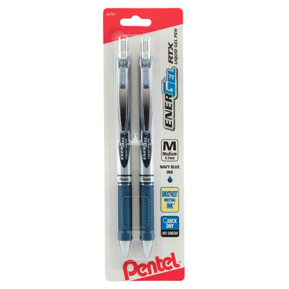 EnerGel RTX Retractable Liquid Gel Pen, (0.7mm) Metal Tip, Medium Line, Navy Blue Ink 2-Pk (BL77BP2CA)