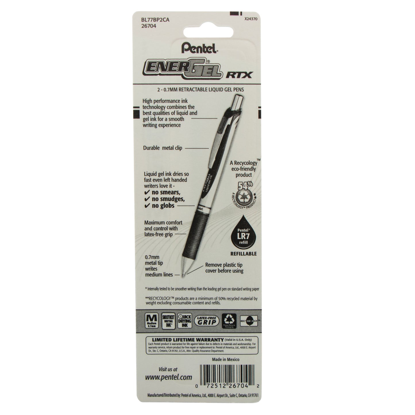 EnerGel RTX Retractable Liquid Gel Pen, (0.7mm) Metal Tip, Medium Line, Navy Blue Ink 2-Pk (BL77BP2CA)
