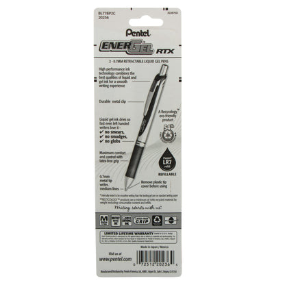 EnerGel RTX Retractable Liquid Gel Pen, (0.7mm) Metal Tip, Medium Line, Blue Ink 2-Pk (BL77BP2C)