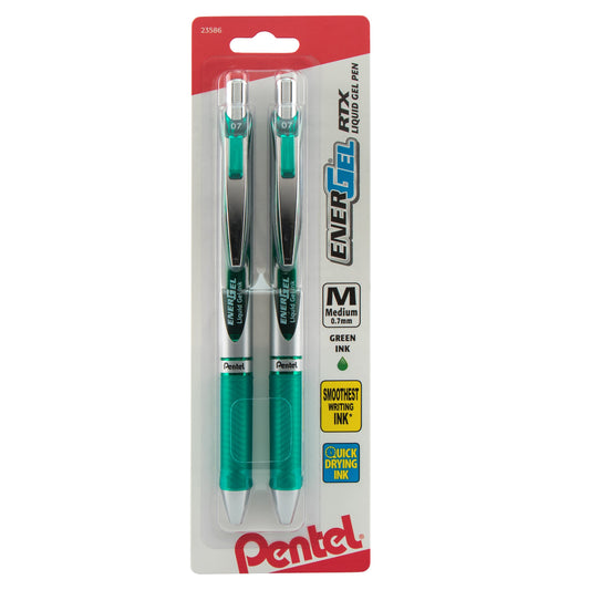 EnerGel RTX Retractable Liquid Gel Pen, (0.7mm) Metal Tip, Medium Line, Green Ink 2-Pk (BL77BP2D)