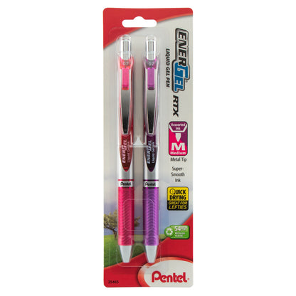 EnerGel RTX Retractable Liquid Gel Pen, (0.7mm) Metal Tip, Medium Line, Pink/Violet Ink 2-Pk (BL77BP2PV)