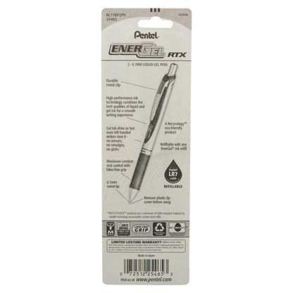 EnerGel RTX Retractable Liquid Gel Pen, (0.7mm) Metal Tip, Medium Line, Pink/Violet Ink 2-Pk (BL77BP2PV)