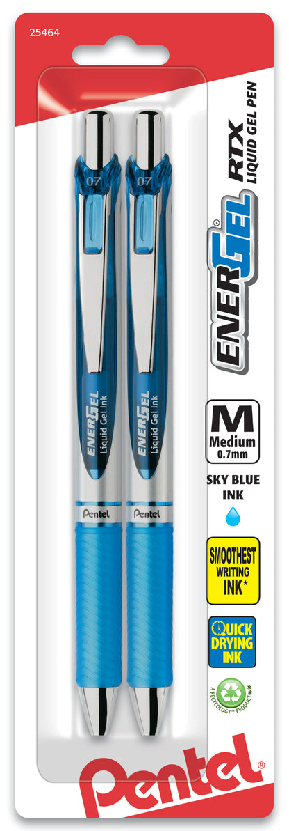 EnerGel RTX Retractable Liquid Gel Pen, (0.7mm) Metal Tip, Medium Line, Sky Blue Ink 2-Pk (BL77BP2S)