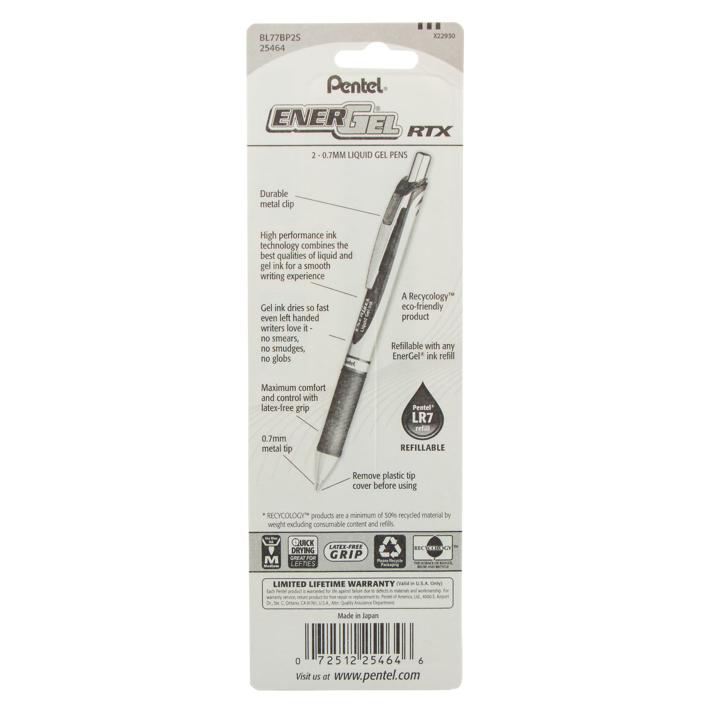 EnerGel RTX Retractable Liquid Gel Pen, (0.7mm) Metal Tip, Medium Line, Sky Blue Ink 2-Pk (BL77BP2S)