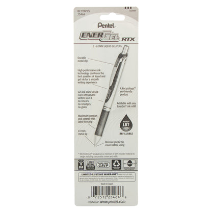 EnerGel RTX Retractable Liquid Gel Pen, (0.7mm) Metal Tip, Medium Line, Sky Blue Ink 2-Pk (BL77BP2S)