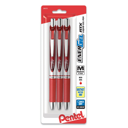 EnerGel RTX Retractable Liquid Gel Pen, (0.7mm) Metal Tip, Medium Line, Red Ink 3-Pk (BL77BP3B)