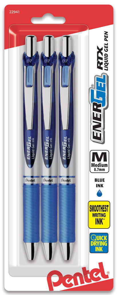 EnerGel RTX Retractable Liquid Gel Pen, (0.7mm) Metal Tip, Medium Line, Blue Ink 3-Pk (BL77BP3C)