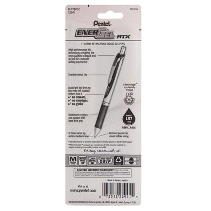 EnerGel RTX Retractable Liquid Gel Pen, (0.7mm) Metal Tip, Medium Line, Blue Ink 3-Pk (BL77BP3C)