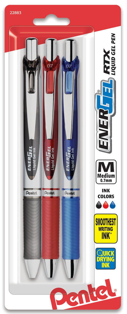 EnerGel RTX Retractable Liquid Gel Pen, (0.7mm) Metal Tip, Medium Line, Assorted Ink (A/B/C) 3-Pk (BL77BP3M)