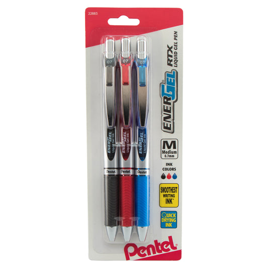EnerGel RTX Retractable Liquid Gel Pen, (0.7mm) Metal Tip, Medium Line, Assorted Ink (A/B/C) 3-Pk (BL77BP3M)
