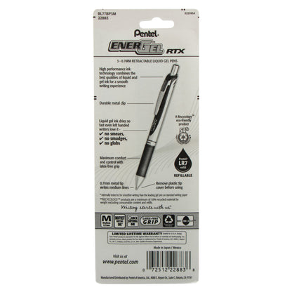 EnerGel RTX Retractable Liquid Gel Pen, (0.7mm) Metal Tip, Medium Line, Assorted Ink (A/B/C) 3-Pk (BL77BP3M)