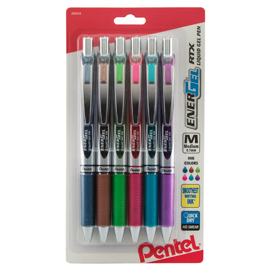 EnerGel RTX Retractable Liquid Gel Pen, (0.7mm) Metal Tip, Medium Line, Assorted Ink (CA/E/K/P/S3/V), 6-Pk (BL77BP6M1)