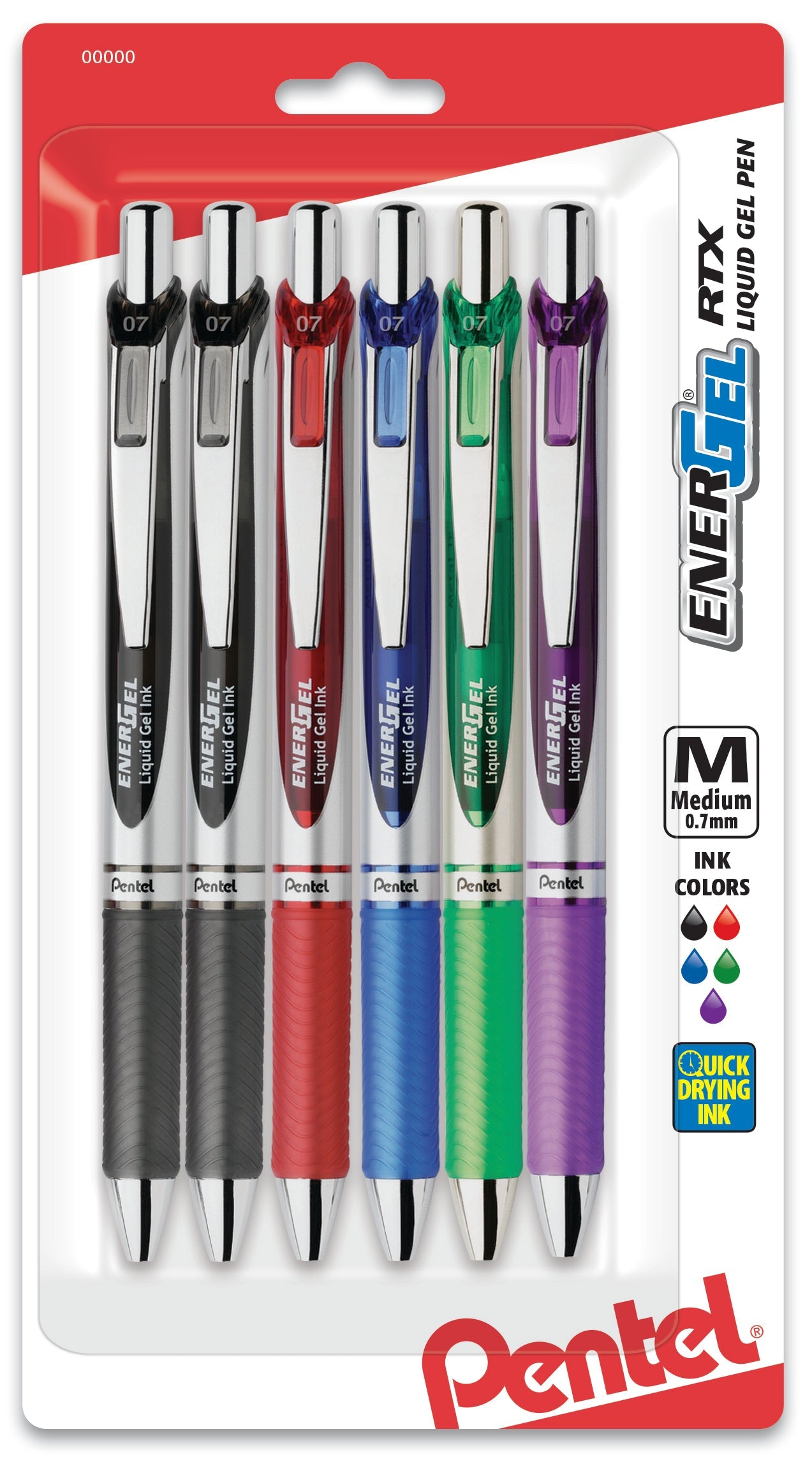 EnerGel RTX Retractable Liquid Gel Pen, (0.7mm) Metal Tip, Medium Line, Assorted Ink (2A/B/C/D/V) 6-Pk (BL77BP6M)