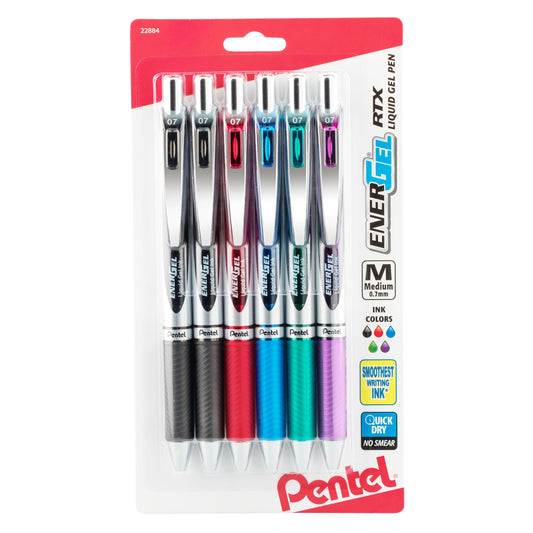 EnerGel RTX Retractable Liquid Gel Pen, (0.7mm) Metal Tip, Medium Line, Assorted Ink (2A/B/C/D/V) 6-Pk (BL77BP6M)