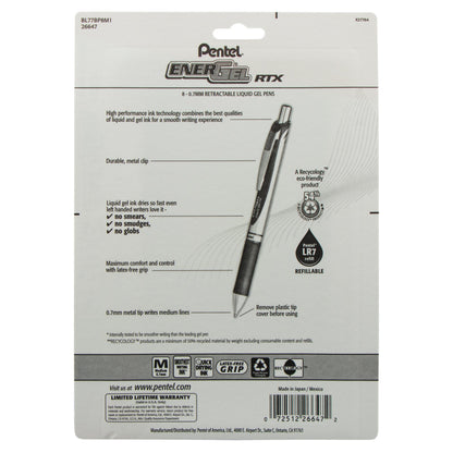 EnerGel RTX Retractable Liquid Gel Pen, (0.7mm) Metal Tip, Medium Line,Assorted Ink (A/B/C/K/F/P/S/V) 8-Pk (BL77BP8M1)