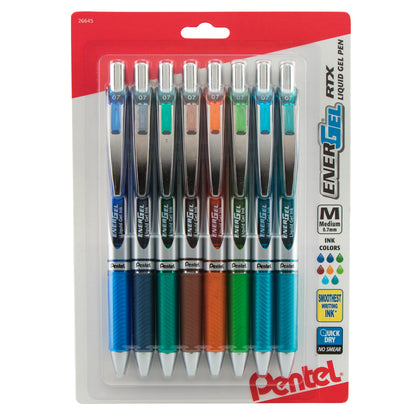 EnerGel RTX Retractable Liquid Gel Pen, (0.7mm) Metal Tip, Medium Line, Assorted Ink (C/CA/D/E/F/K/S/S3), 8-Pk (BL77BP8M2)