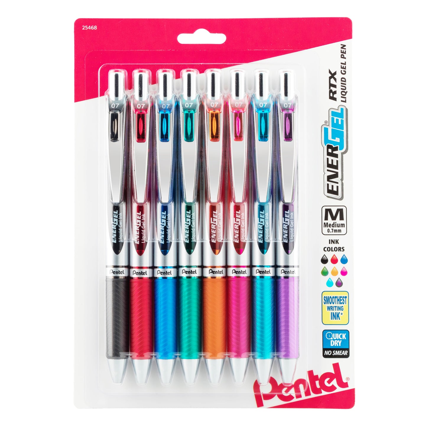 EnerGel RTX Retractable Liquid Gel Pen, (0.7mm) Metal Tip, Medium Line,Assorted Ink (A/B/C/D/F/P/S/V) 8-Pk (BL77BP8M)