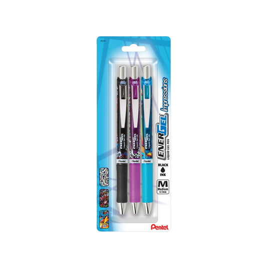 EnerGel RTX Impressions 0.7mm Med., Assorted Barrels, Black Ink, 3-pk (BL77IMPR3M)