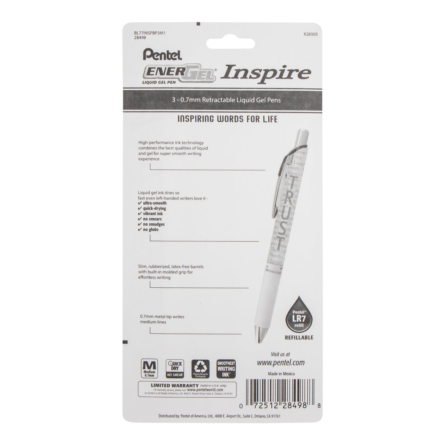 EnerGel Inspire Love/Teach/Hope, (0.7mm) Medium Line, Black Ink 3-pk (BL77INSPBP3M1)