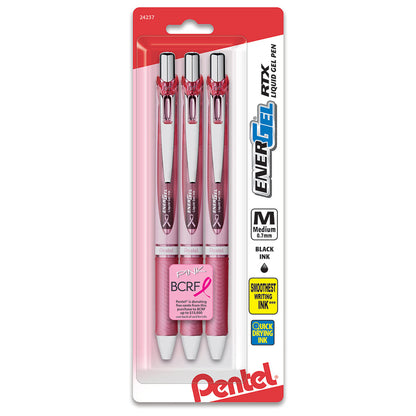 PINK BCA Ribbon EnerGel RTX Retractable Liquid Gel Pen, (0.7mm) Metal Tip, Medium Line,Pink Barrel, Black Ink, 3-Pk (BL77PBP3A-BC)