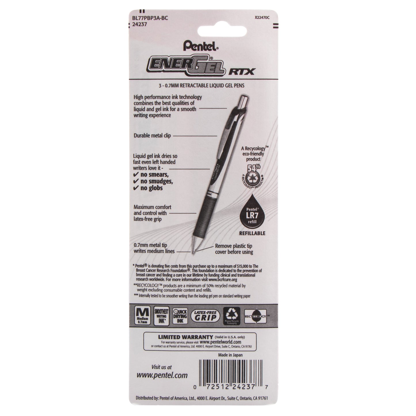 PINK BCA Ribbon EnerGel RTX Retractable Liquid Gel Pen, (0.7mm) Metal Tip, Medium Line,Pink Barrel, Black Ink, 3-Pk (BL77PBP3A-BC)