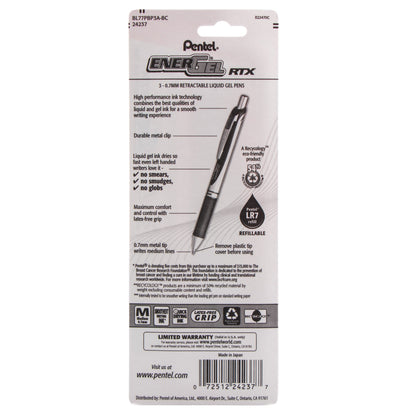 PINK BCA Ribbon EnerGel RTX Retractable Liquid Gel Pen, (0.7mm) Metal Tip, Medium Line,Pink Barrel, Black Ink, 3-Pk (BL77PBP3A-BC)
