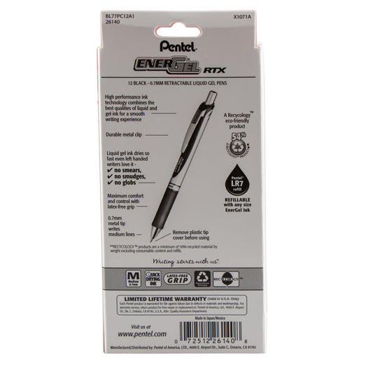 Pentel EnerGel RTX Retractable Liquid Gel Pen, (0.7mm) Metal Tip, Medium Line,0.7mm, Black Ink, 12-Pk Hanging Window Box (BL77PC12A1)
