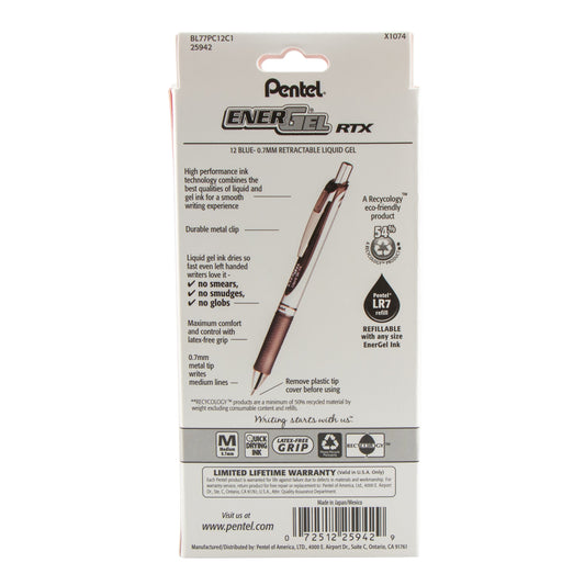 Pentel EnerGel RTX Retractable Liquid Gel Pen, (0.7mm) Metal Tip, Medium Line,0.7mm, Blue Ink, 12-Pk Hanging Window Box (BL77PC12C1)
