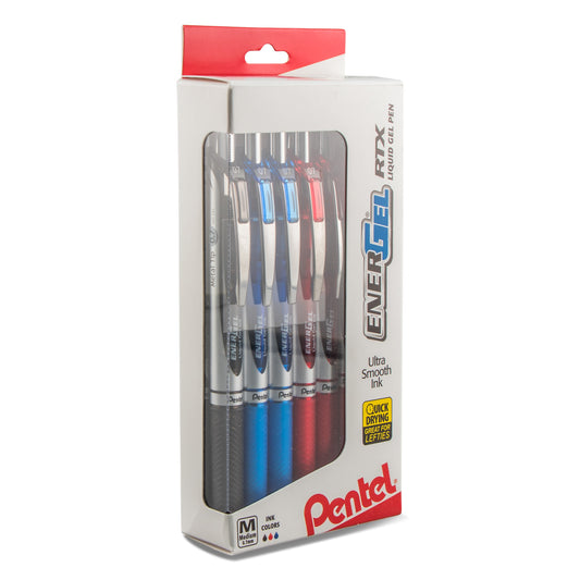 EnerGel RTX Retractable Liquid Gel Pen, (0.7mm) Metal Tip, Medium Line,0.7mm, Assorted Ink (5A/3B/4C), 12-Pk Hanging Window Box (BL77PC12M1)