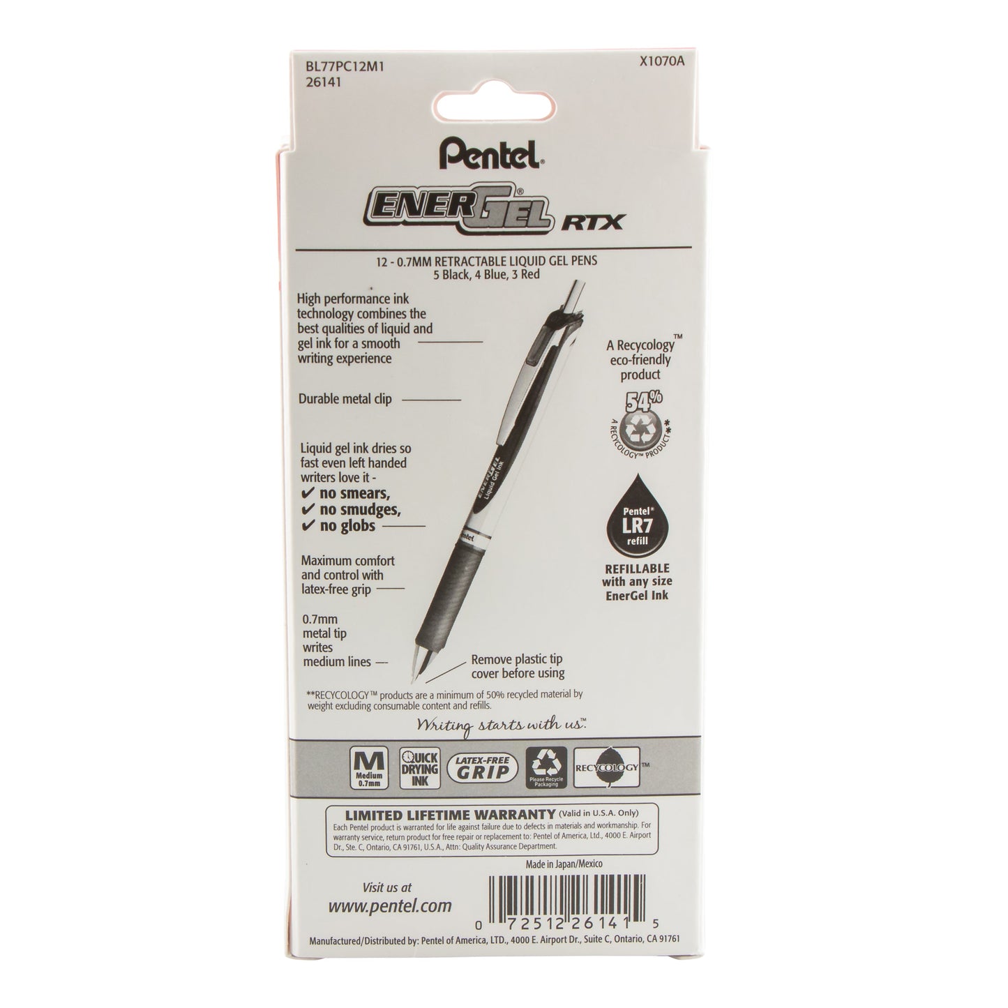 EnerGel RTX Retractable Liquid Gel Pen, (0.7mm) Metal Tip, Medium Line,0.7mm, Assorted Ink (5A/3B/4C), 12-Pk Hanging Window Box (BL77PC12M1)