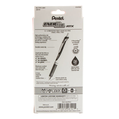 EnerGel RTX Retractable Liquid Gel Pen, (0.7mm) Metal Tip, Medium Line,0.7mm, Assorted Ink (5A/3B/4C), 12-Pk Hanging Window Box (BL77PC12M1)