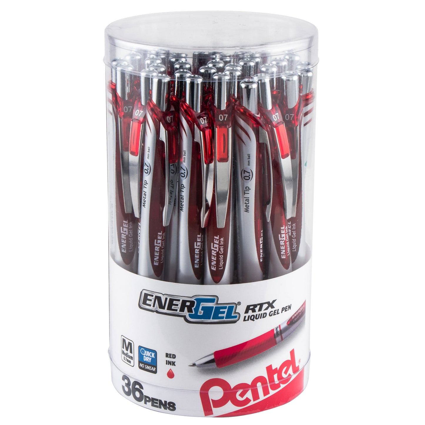 EnerGel RTX Retractable Liquid Gel Pen, (0.7mm) Metal Tip, Medium Line, Canister Red Ink 36pk (BL77PC36B)