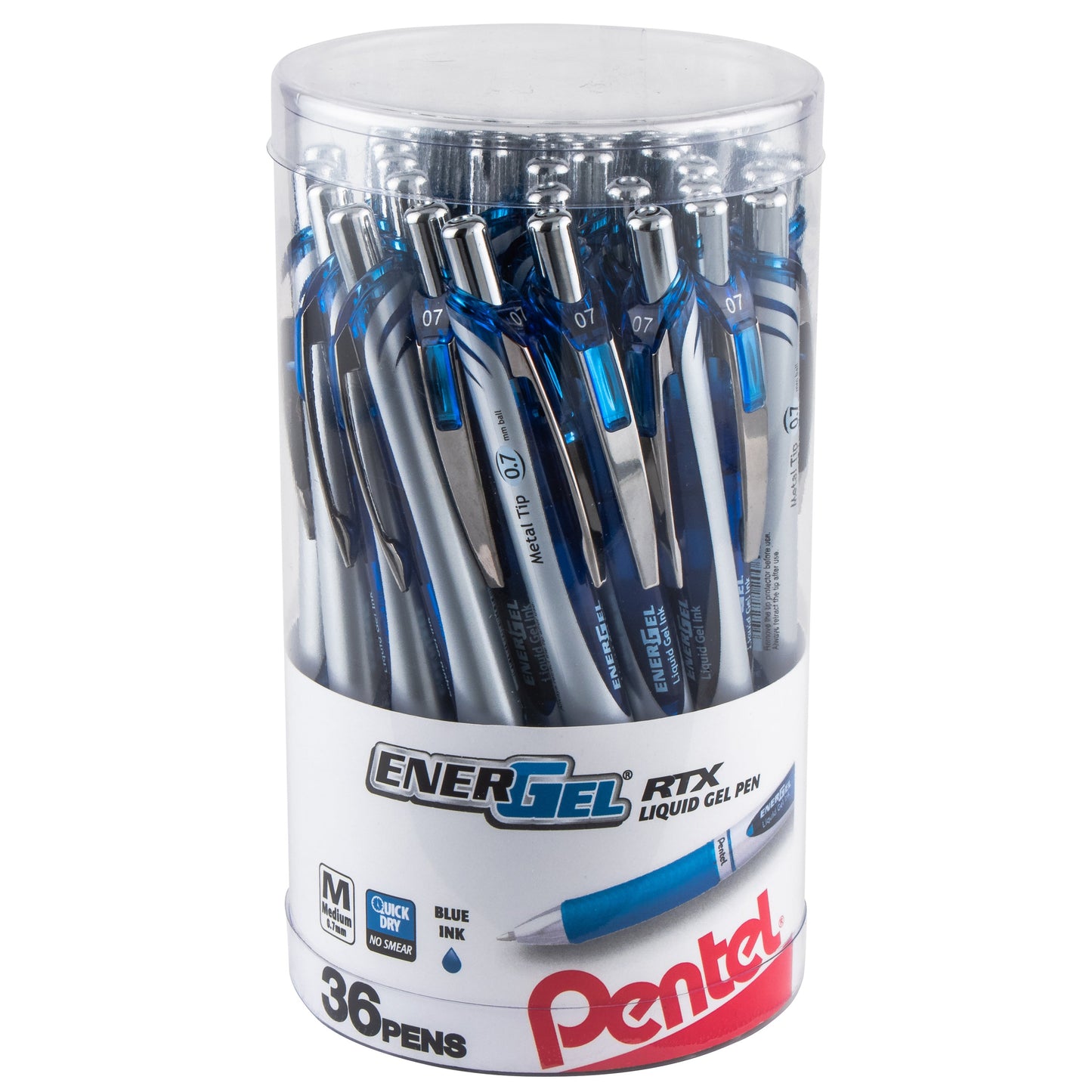 EnerGel RTX Retractable Liquid Gel Pen, (0.7mm) Metal Tip, Medium Line, Canister Blue Ink 36pk (BL77PC36C)
