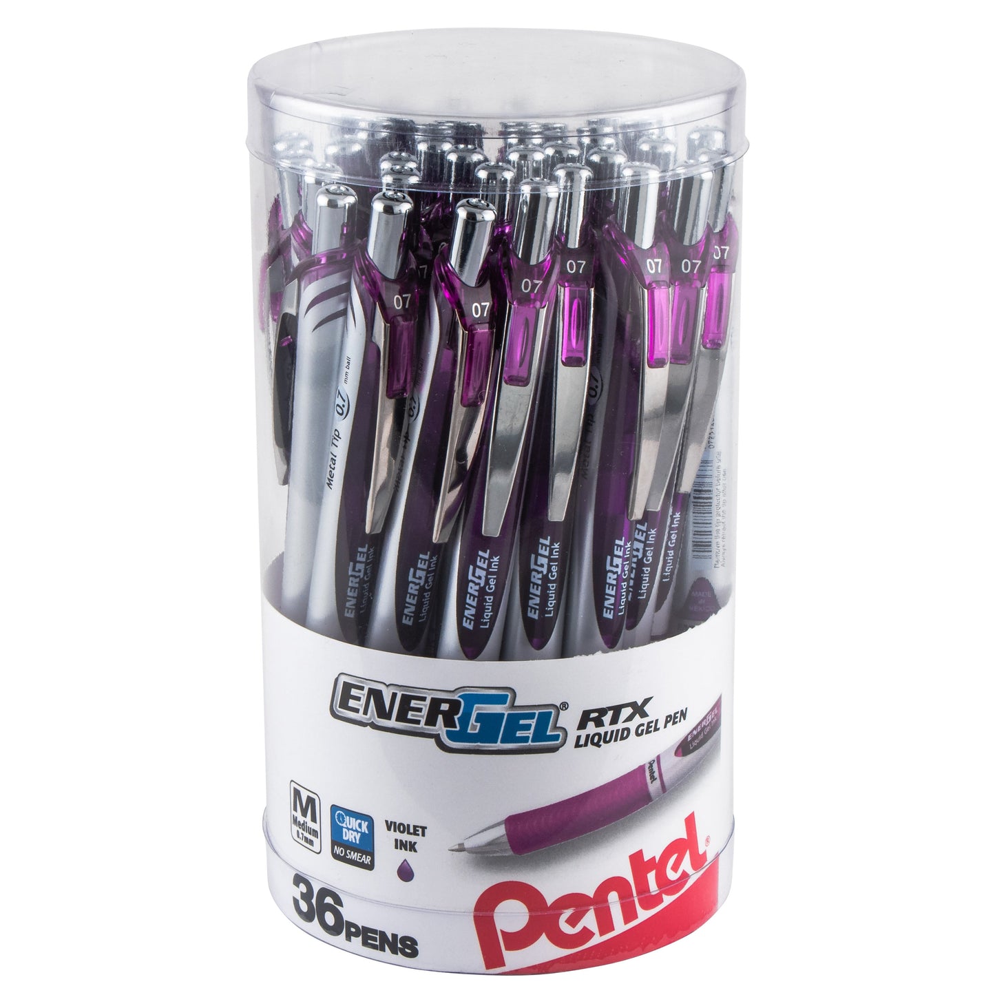 EnerGel RTX Retractable Liquid Gel Pen, (0.7mm) Metal Tip, Medium Line, Canister Violet Ink 36pk (BL77PC36V)