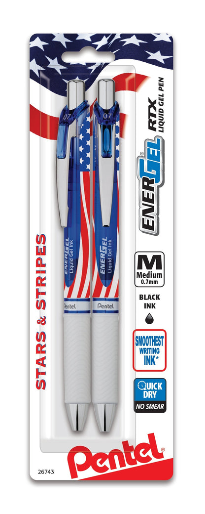 Pentel EnerGel RTX Retractable Liquid Gel Pen, Flag Barrel, (0.7mm) Metal Tip, Medium Line, Black Ink, 2-Pk (BL77USABP2A), 144 Each