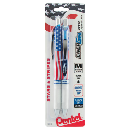 Pentel EnerGel RTX Retractable Liquid Gel Pen, Flag Barrel, (0.7mm) Metal Tip, Medium Line, Black Ink, 2-Pk (BL77USABP2A), 144 Each
