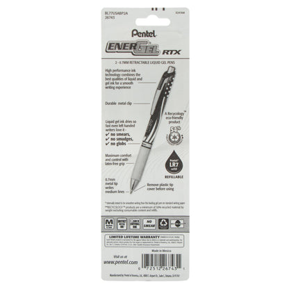 Pentel EnerGel RTX Retractable Liquid Gel Pen, Flag Barrel, (0.7mm) Metal Tip, Medium Line, Black Ink, 2-Pk (BL77USABP2A)