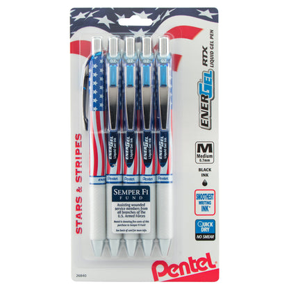 EnerGel RTX Retractable Liquid Gel Pen, Flag Barrel, (0.7mm) Metal Tip, Medium Line, Black Ink, 5-Pk (BL77USABP5A)